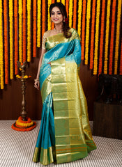 Sea Green Kanjivaram Silk Saree With Blouse Piece