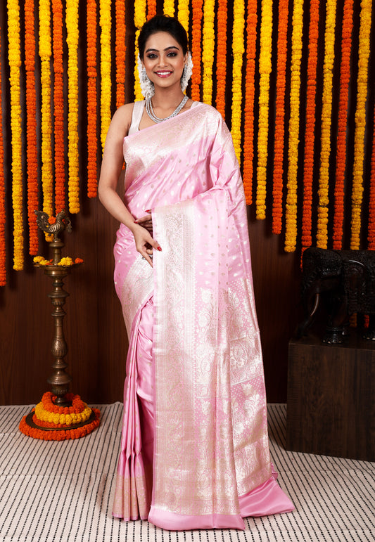 Pink Pastel Banarasi Silk Saree With Blouse Piece