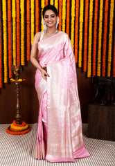 Pink Pastel Banarasi Silk Saree With Blouse Piece