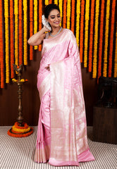 Pink Pastel Banarasi Silk Saree With Blouse Piece