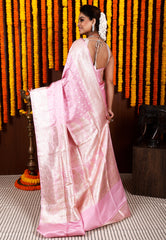 Pink Pastel Banarasi Silk Saree With Blouse Piece