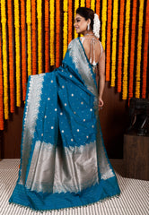 Feroza Blue Katan Silk Saree With Blouse Piece