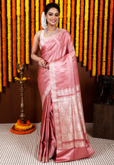 Peach Pastel Banarasi Silk Saree With Blouse Piece