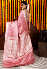 Peach Pastel Banarasi Silk Saree With Blouse Piece