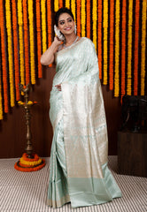 Light Green Pastel Banarasi Silk Saree With Blouse Piece