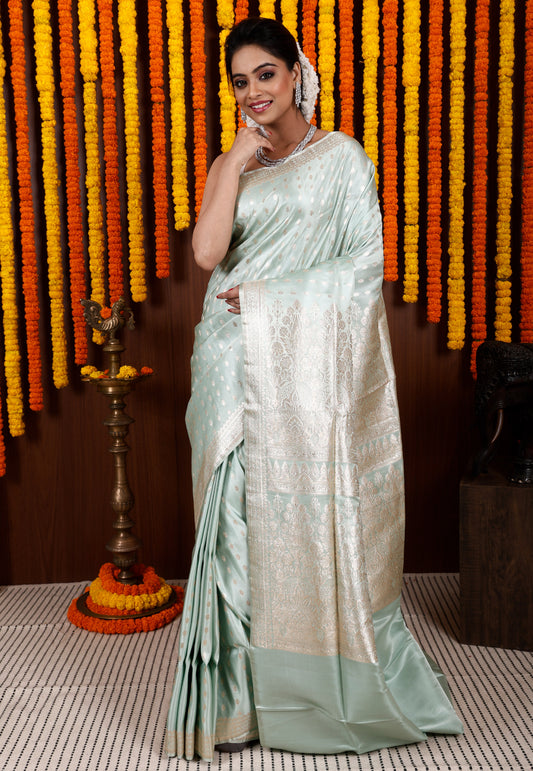 Light Green Pastel Banarasi Silk Saree With Blouse Piece