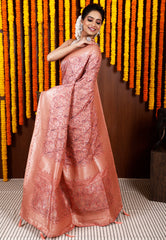 Peach Kani Silk Saree With Blouse Piece