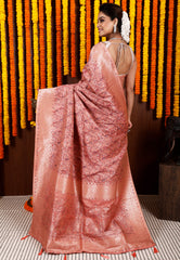 Peach Kani Silk Saree With Blouse Piece