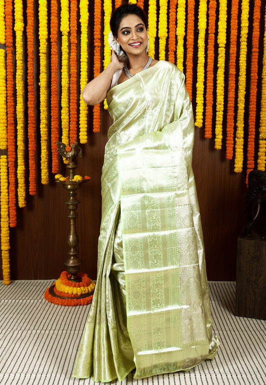 Light Lime Green Brocade Tissue Kanjivaram Silk Saree With Blouse Piece