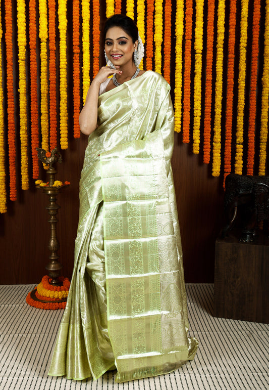 Light Lime Green Brocade Tissue Kanjivaram Silk Saree With Blouse Piece