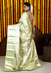 Light Lime Green Brocade Tissue Kanjivaram Silk Saree With Blouse Piece