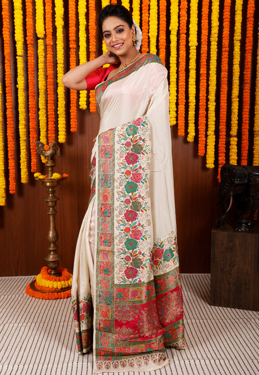 White Kani Silk Saree With Blouse Piece