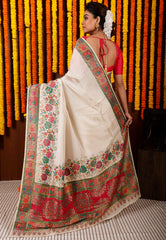 White Kani Silk Saree With Blouse Piece