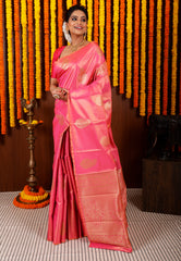 Pink Tissue Kanjivaram Silk Saree With Blouse Piece