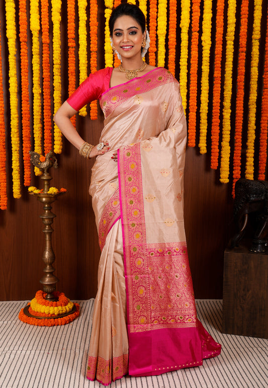 Beige Minakari with Magenta Border Kadwa Katan Pure Silk Saree With Blouse Piece