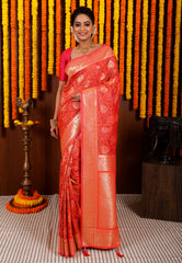 Pink Kani Silk Saree With Blouse Piece