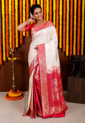 Off White with Rani Pink Border Korial Patli Banarasi Silk Saree With Blouse Piece