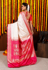 Off White with Rani Pink Border Korial Patli Banarasi Silk Saree With Blouse Piece