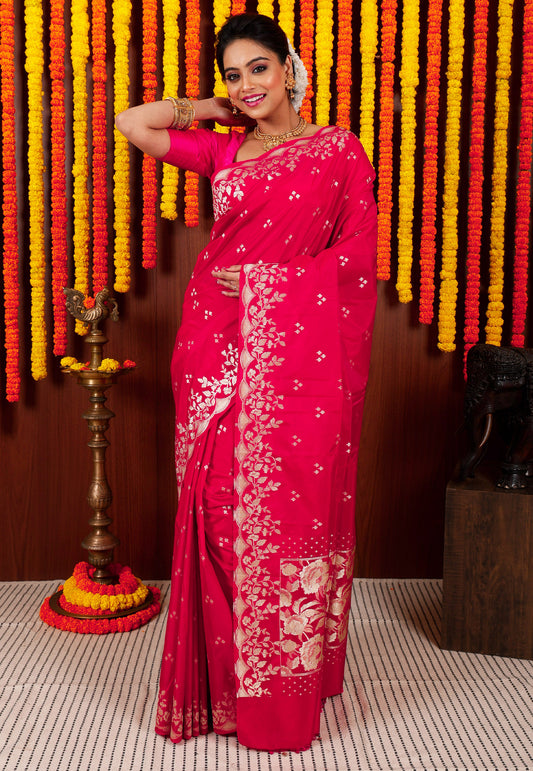 Rani Pink Katan Silk Saree With Blouse Piece