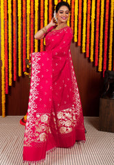 Rani Pink Katan Silk Saree With Blouse Piece