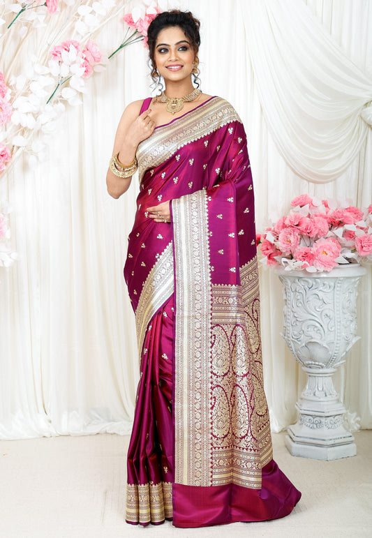 Purple Wedding Banarasi Silk Saree with Blouse Piece