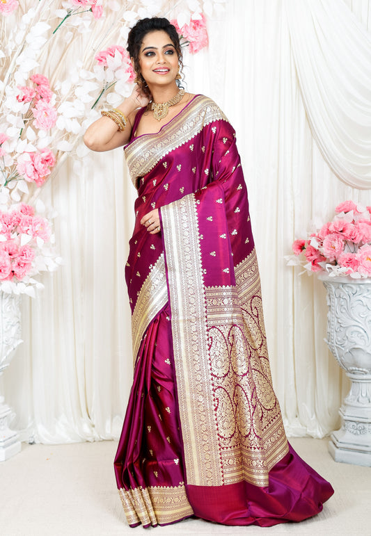 Purple Wedding Banarasi Silk Saree with Blouse Piece