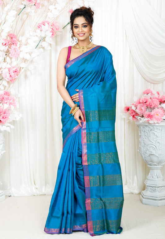 Feroza Blue Katan Silk Saree With Blouse Piece