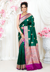 Bottle Green Minakari with Purple Border  Kadwa Katan Pure Silk Saree With Blouse Piece