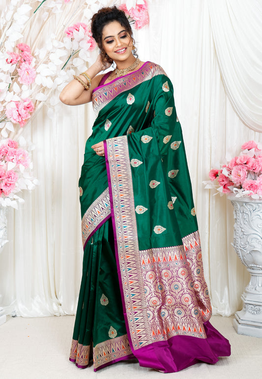 Bottle Green Minakari with Purple Border  Kadwa Katan Pure Silk Saree With Blouse Piece