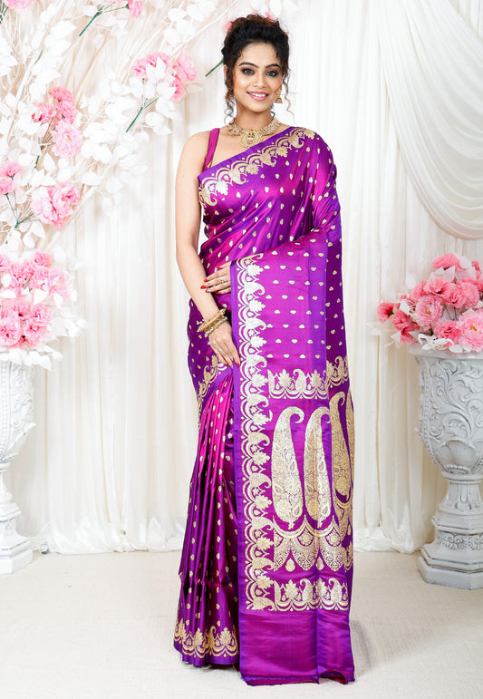 Purple Wedding Banarasi Silk Saree with Blouse Piece