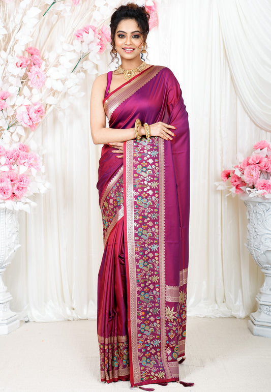 Magenta with Minakari Border Katan Silk Saree With Blouse Piece