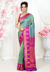 Sage Green with Magenta Border Kanjivaram Silk Saree With Blouse Piece