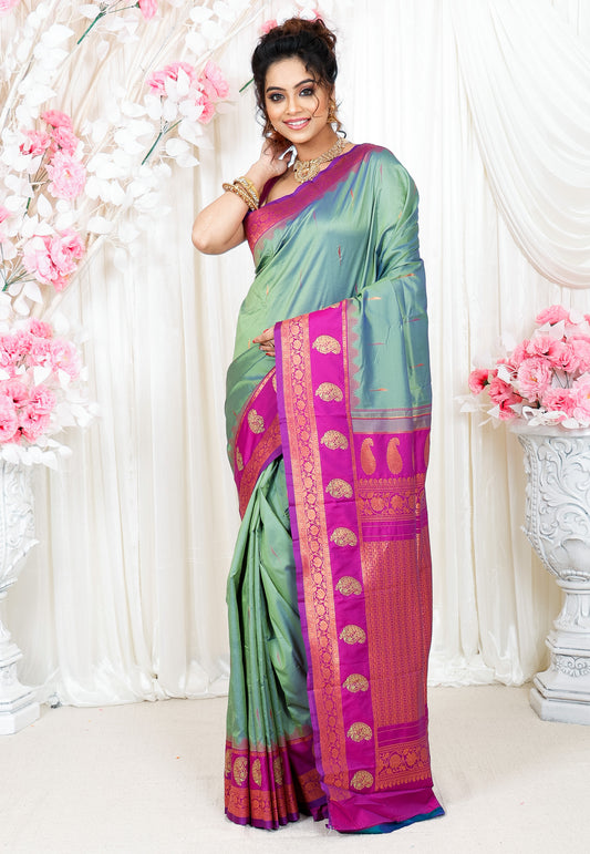 Sage Green with Magenta Border Kanjivaram Silk Saree With Blouse Piece