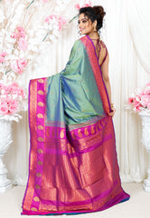 Sage Green with Magenta Border Kanjivaram Silk Saree With Blouse Piece