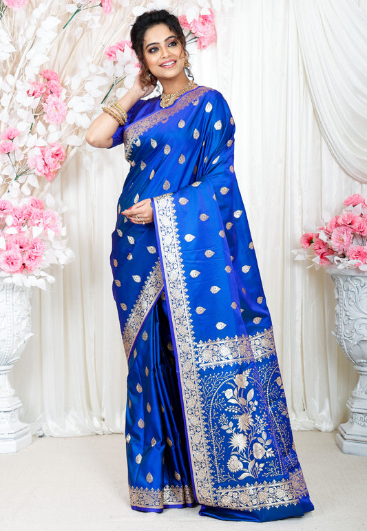 Royal Blue Wedding Banarasi Silk Saree with Blouse Piece