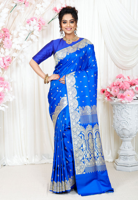 Royal Blue Wedding Banarasi Silk Saree with Blouse Piece