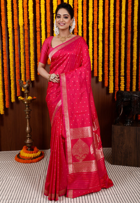 Rani Pink Kadwa Katan Pure Silk Saree With Blouse Piece