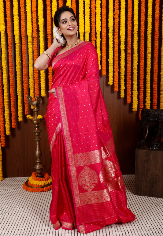 Rani Pink Kadwa Katan Pure Silk Saree With Blouse Piece