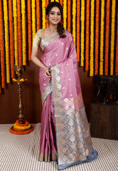 Onion Pink with Grey Border Silk Saree With Blouse Piece