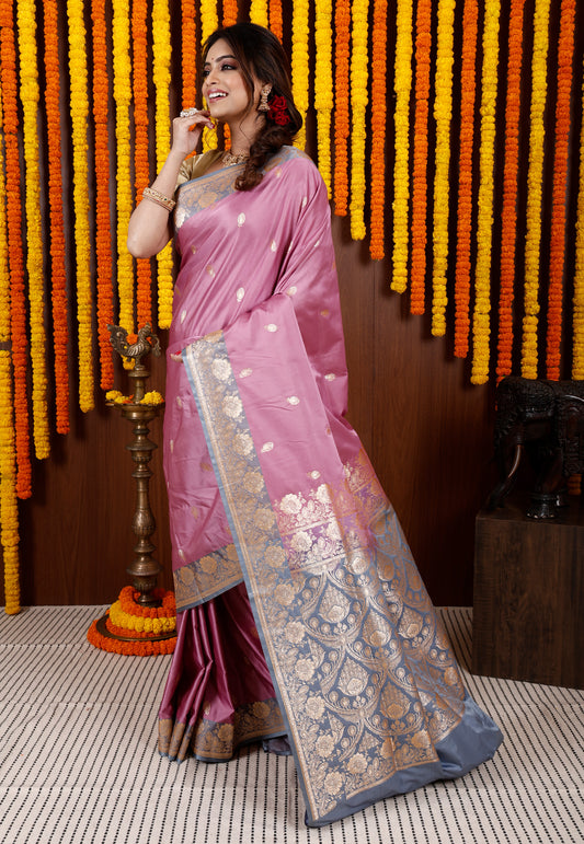 Onion Pink with Grey Border Silk Saree With Blouse Piece