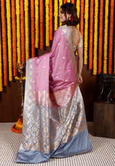 Onion Pink with Grey Border Silk Saree With Blouse Piece