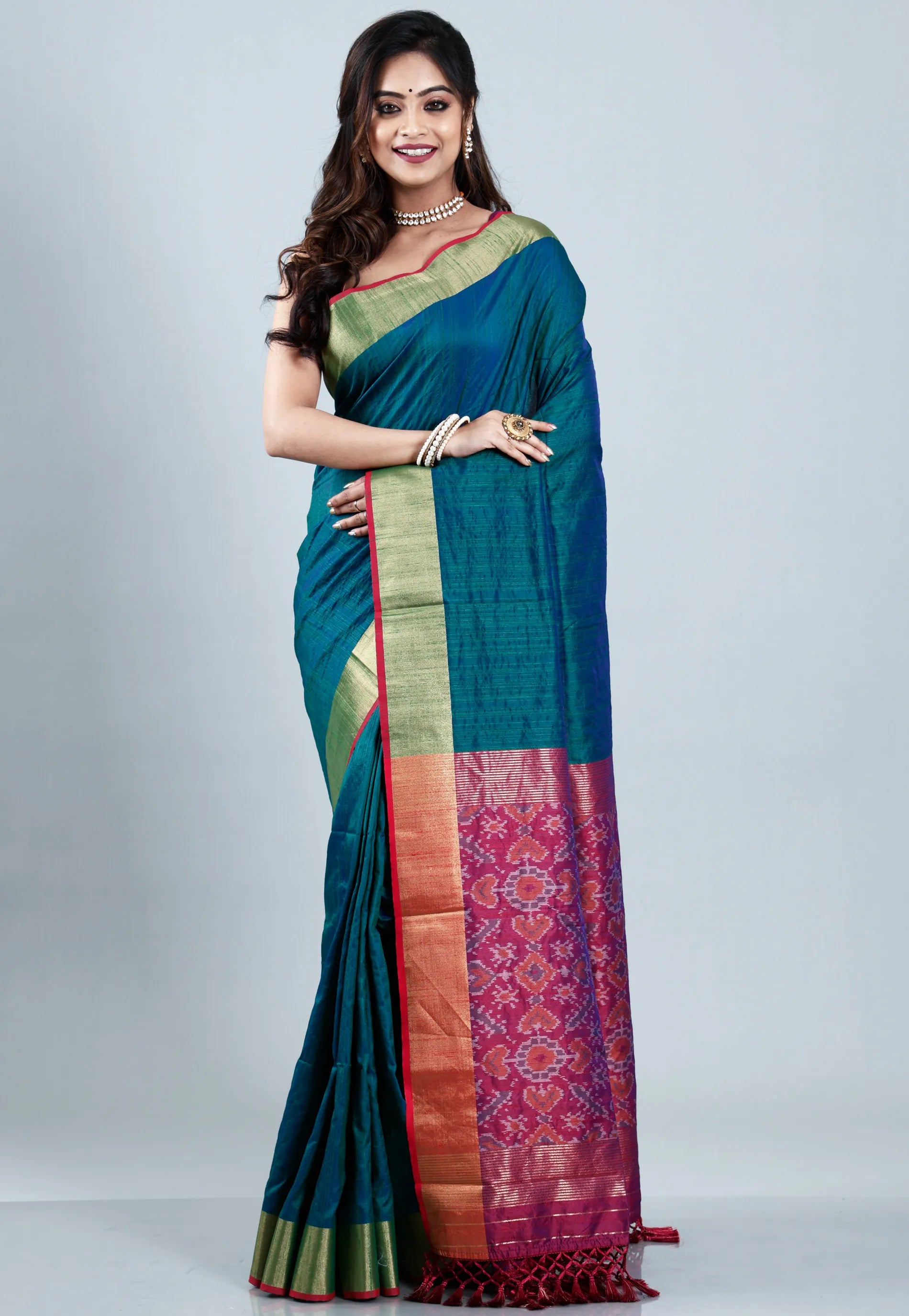 Peacock Blue Ikkat Silk Saree With Blouse Piece