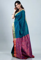 Peacock Blue Ikkat Silk Saree With Blouse Piece