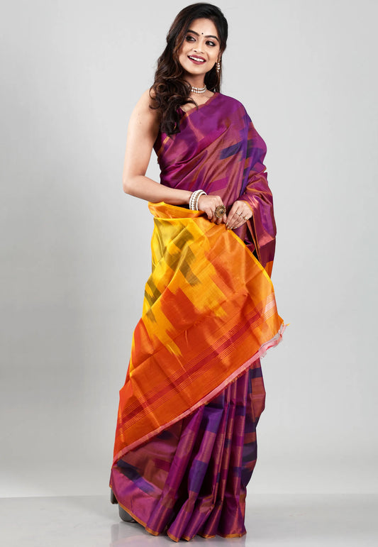 Magenta Ikkat Pure Silk Saree With Blouse Piece