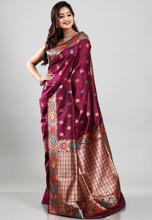 Magenta Minakari Kanjivaram Silk Saree With Blouse Piece