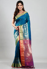 Peacock Blue Tussar Silk Saree with Blouse Piece