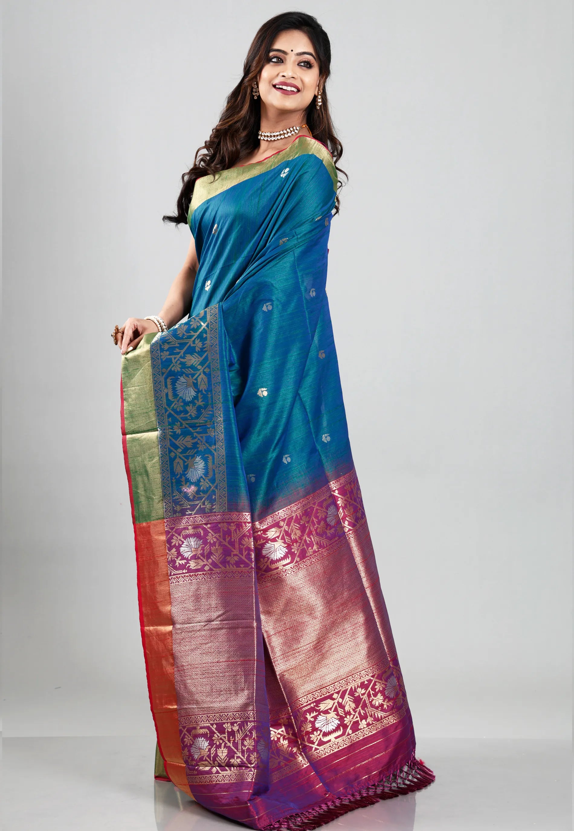Peacock Blue Tussar Silk Saree with Blouse Piece