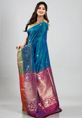 Peacock Blue Tussar Silk Saree with Blouse Piece