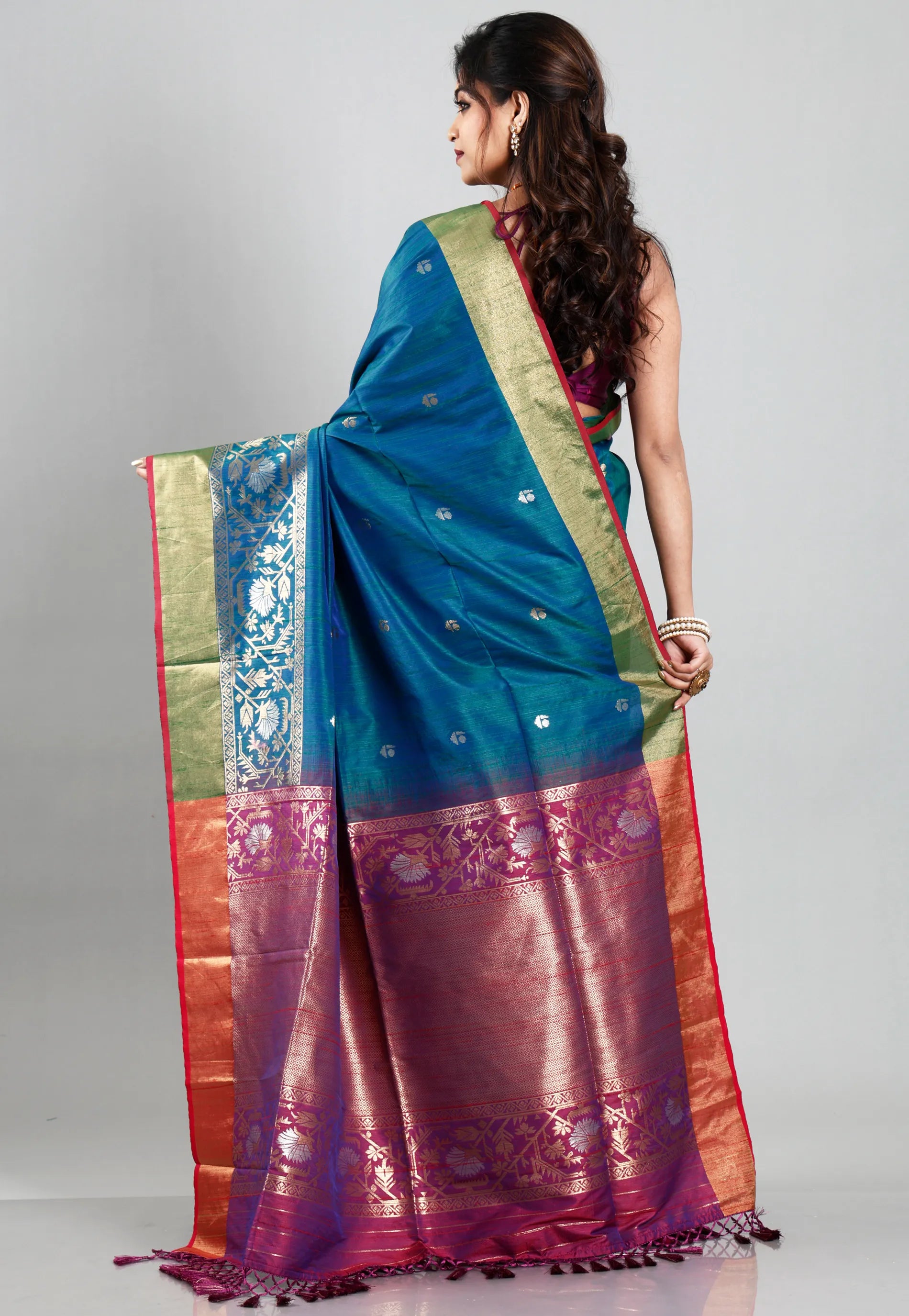 Peacock Blue Tussar Silk Saree with Blouse Piece