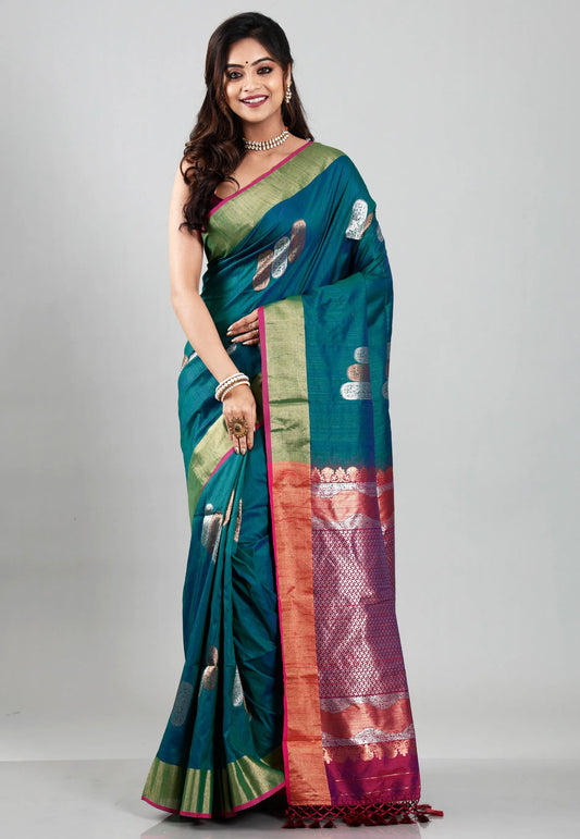 Cross Green Tussar Silk Saree with Blouse Piece